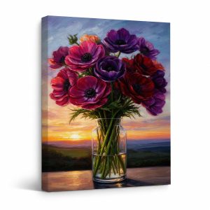 Sunset Anemone Bouquet Framed Canvas Wall Art - Ready to Hang