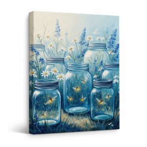 Firefly Mason Jars in Meadow Framed Canvas Wall Art