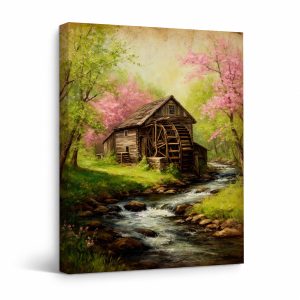 Spring Water Mill with Cherry Blossoms Framed Canvas Wall Art