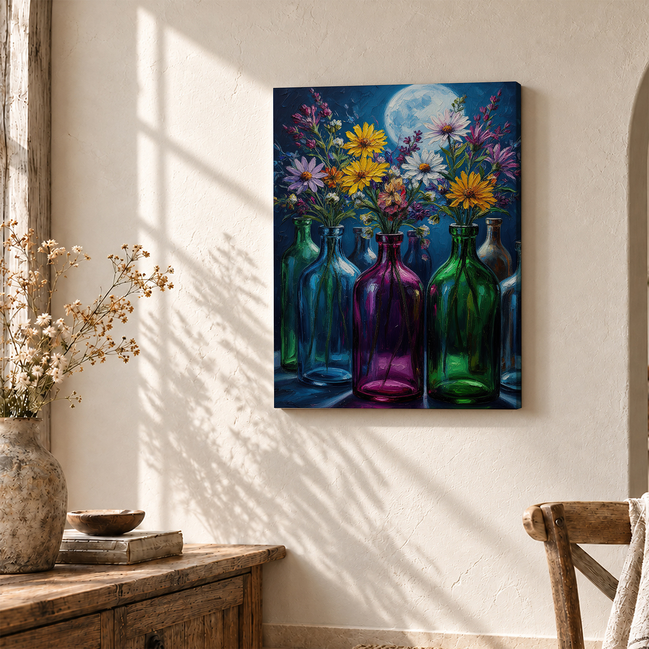 Moonlit Floral Bottles Framed Canvas Wall Art - Image 3