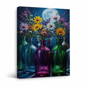 Moonlit Floral Bottles Framed Canvas Wall Art