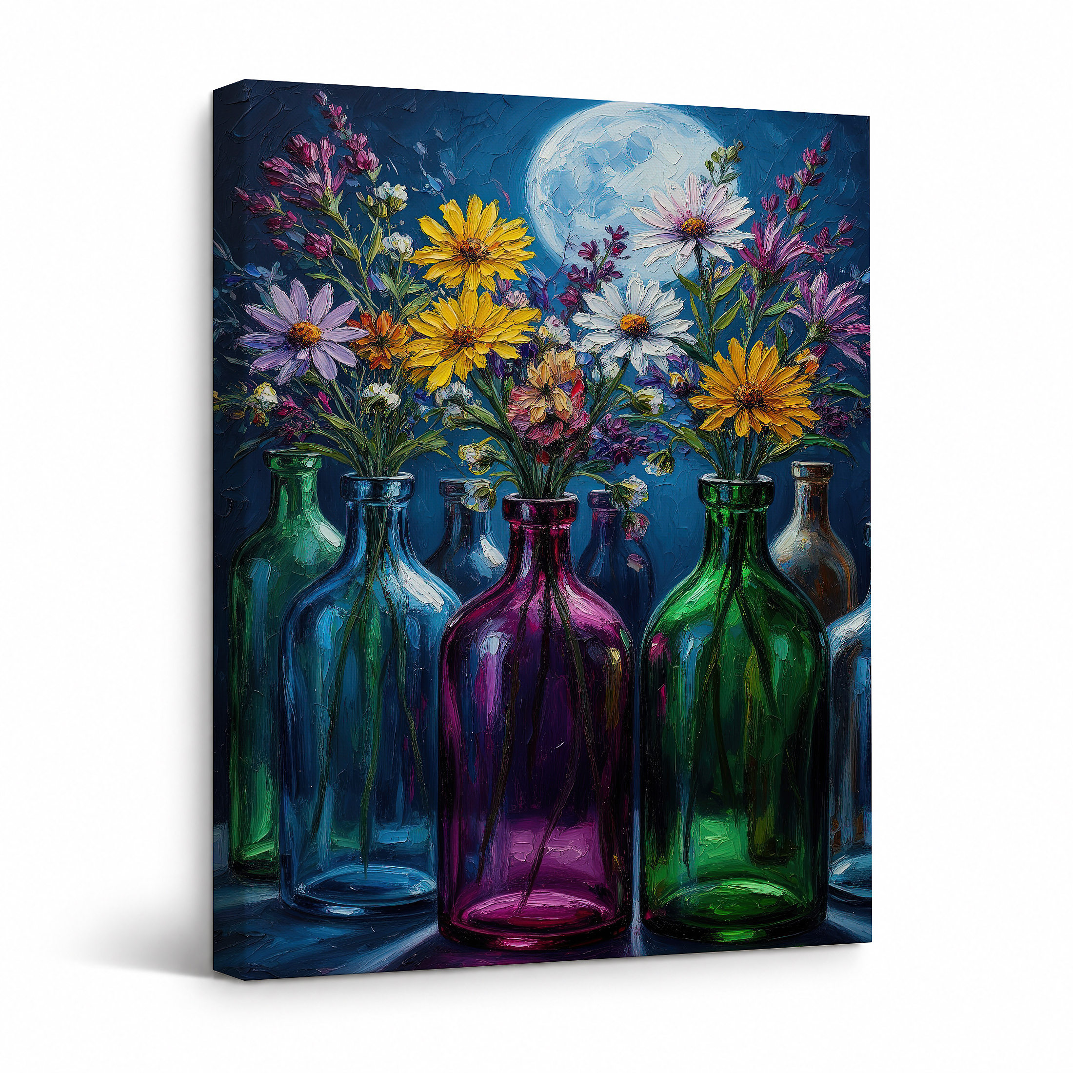 Moonlit Floral Bottles Framed Canvas Wall Art