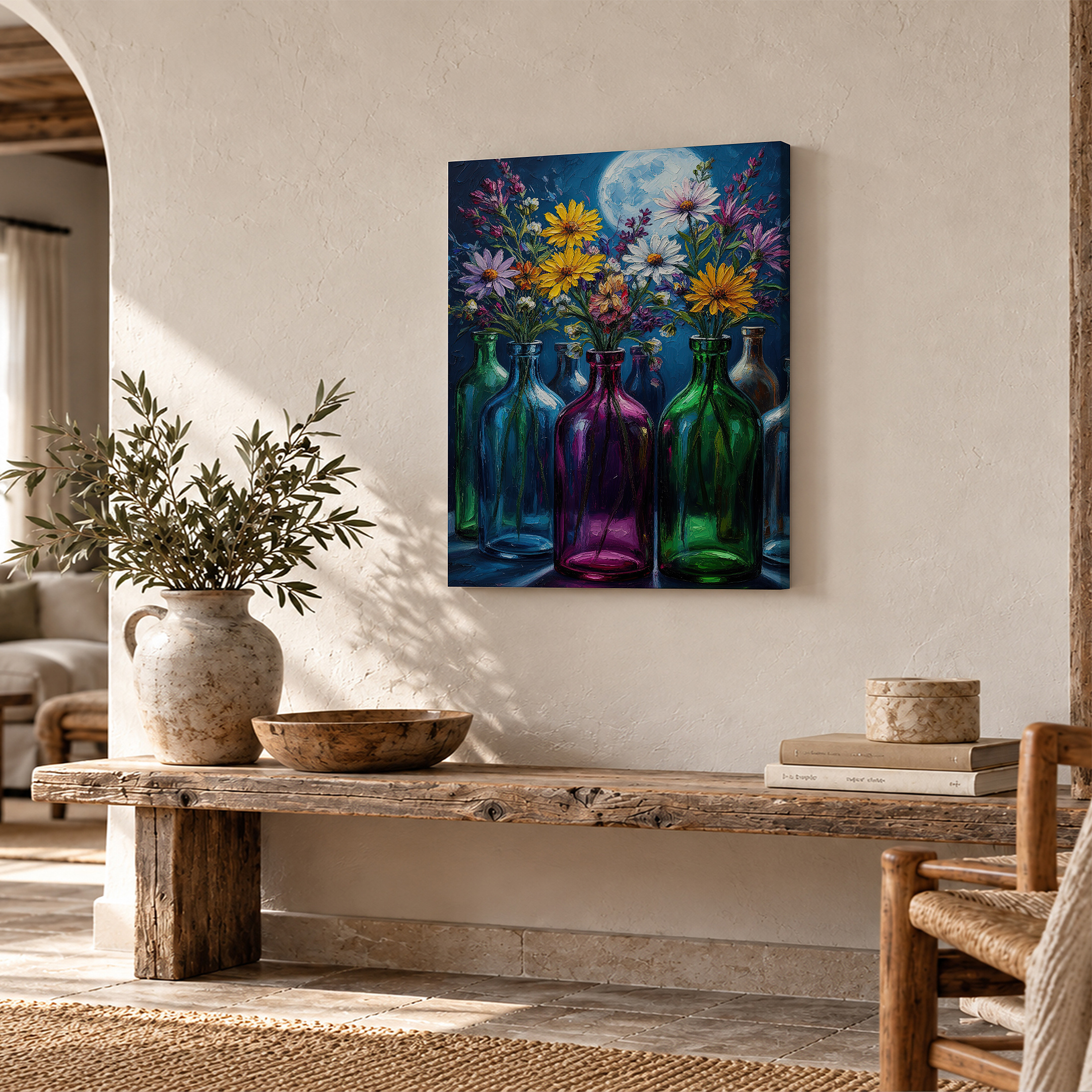 Moonlit Floral Bottles Framed Canvas Wall Art - Image 2