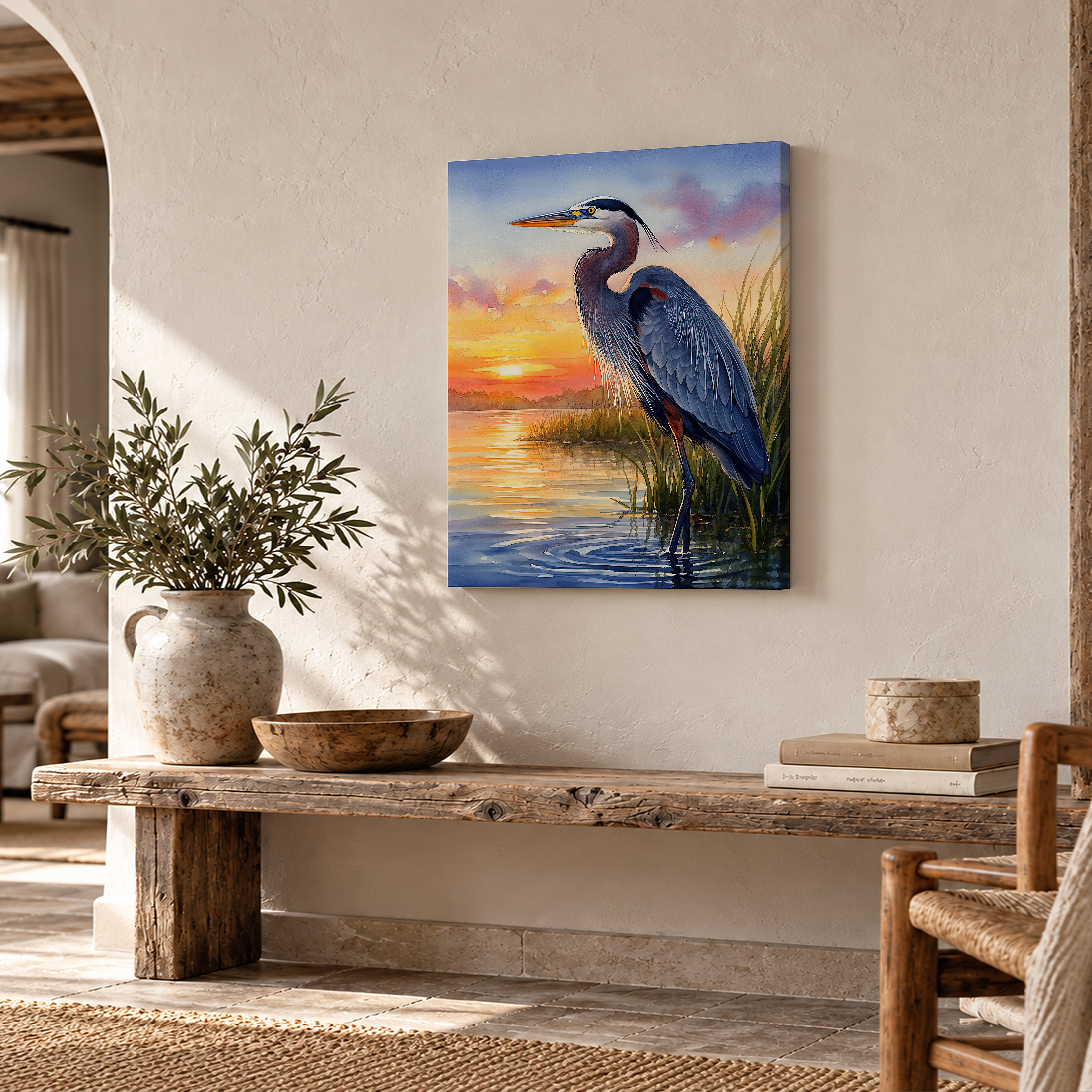 Sunset Heron Watercolor Framed Canvas Wall Art Ready to Hang - Image 2