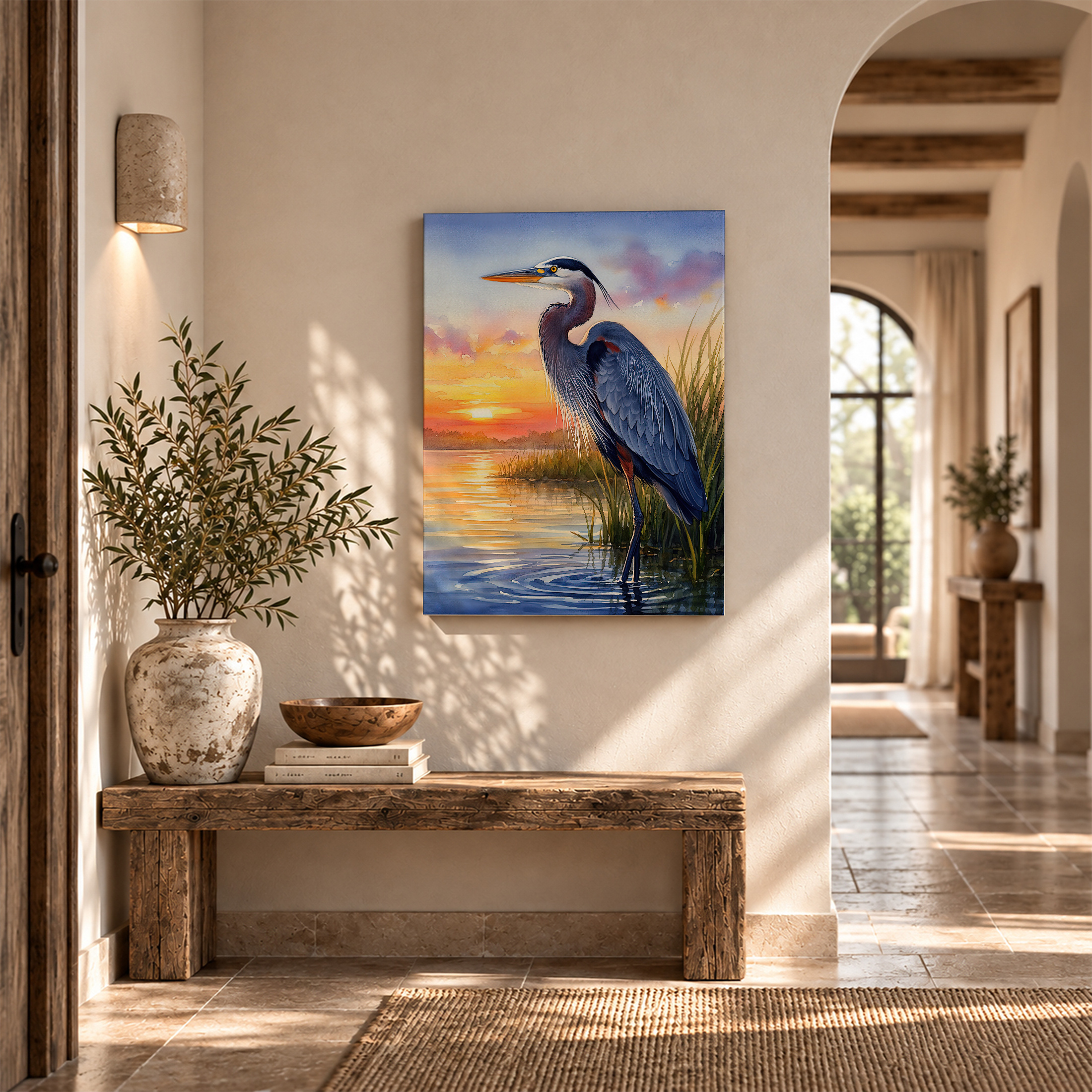 Sunset Heron Watercolor Framed Canvas Wall Art Ready to Hang - Image 6