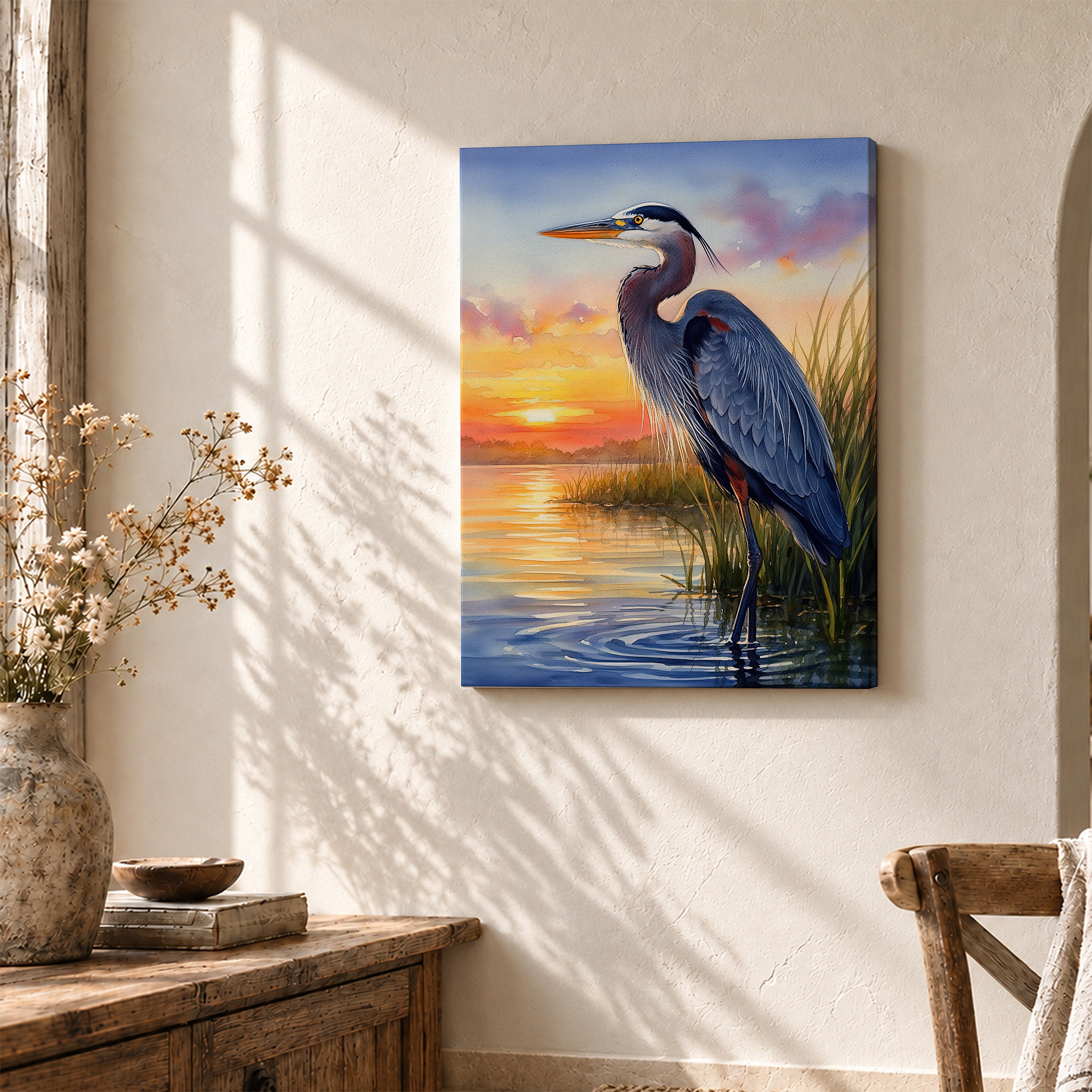 Sunset Heron Watercolor Framed Canvas Wall Art Ready to Hang - Image 3