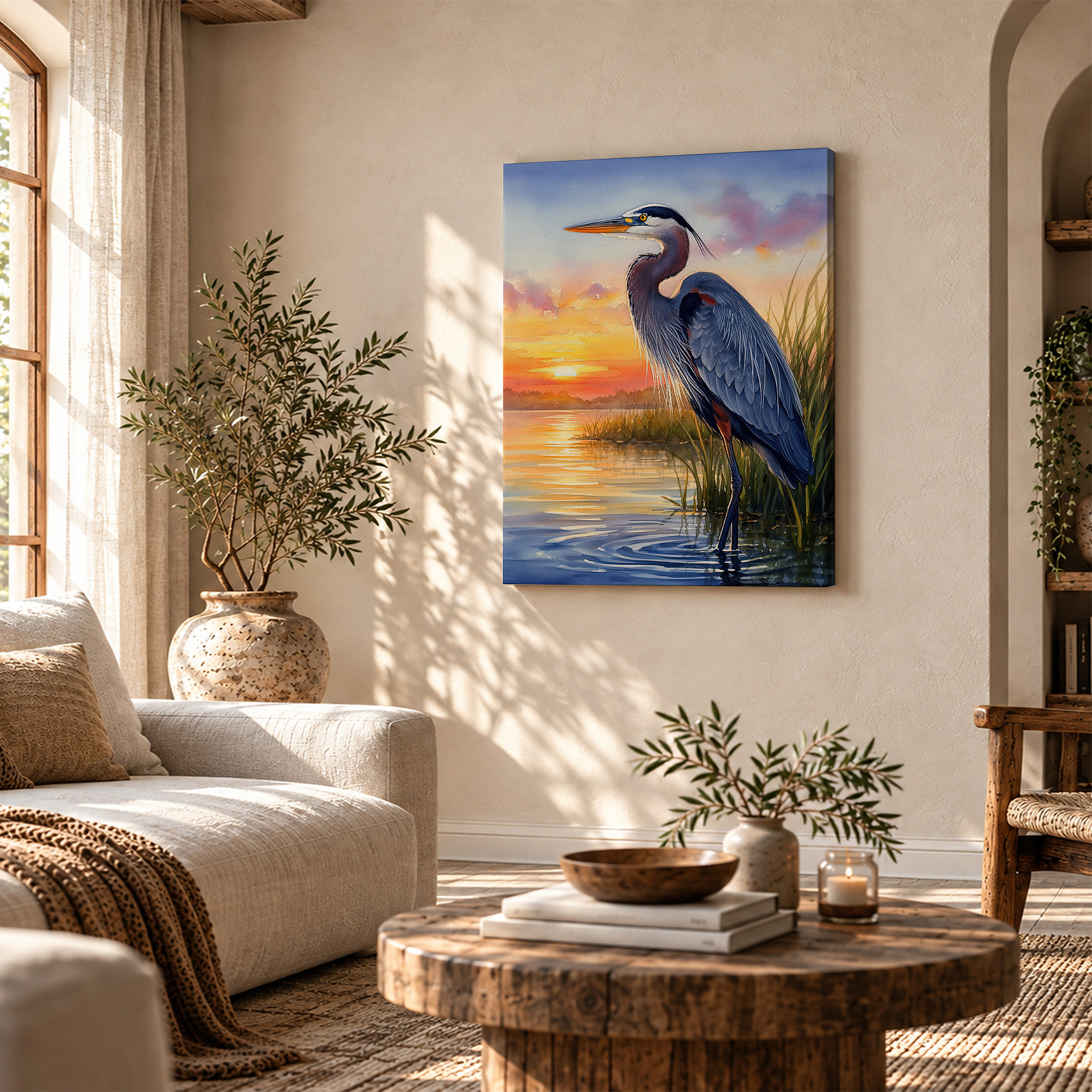 Sunset Heron Watercolor Framed Canvas Wall Art Ready to Hang - Image 4