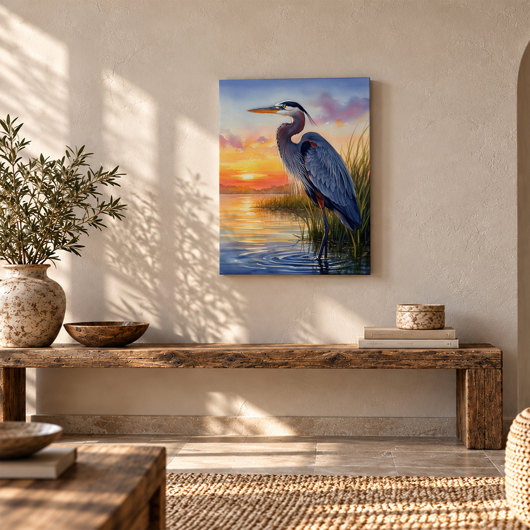 Sunset Heron Watercolor Framed Canvas Wall Art Ready to Hang - Image 5