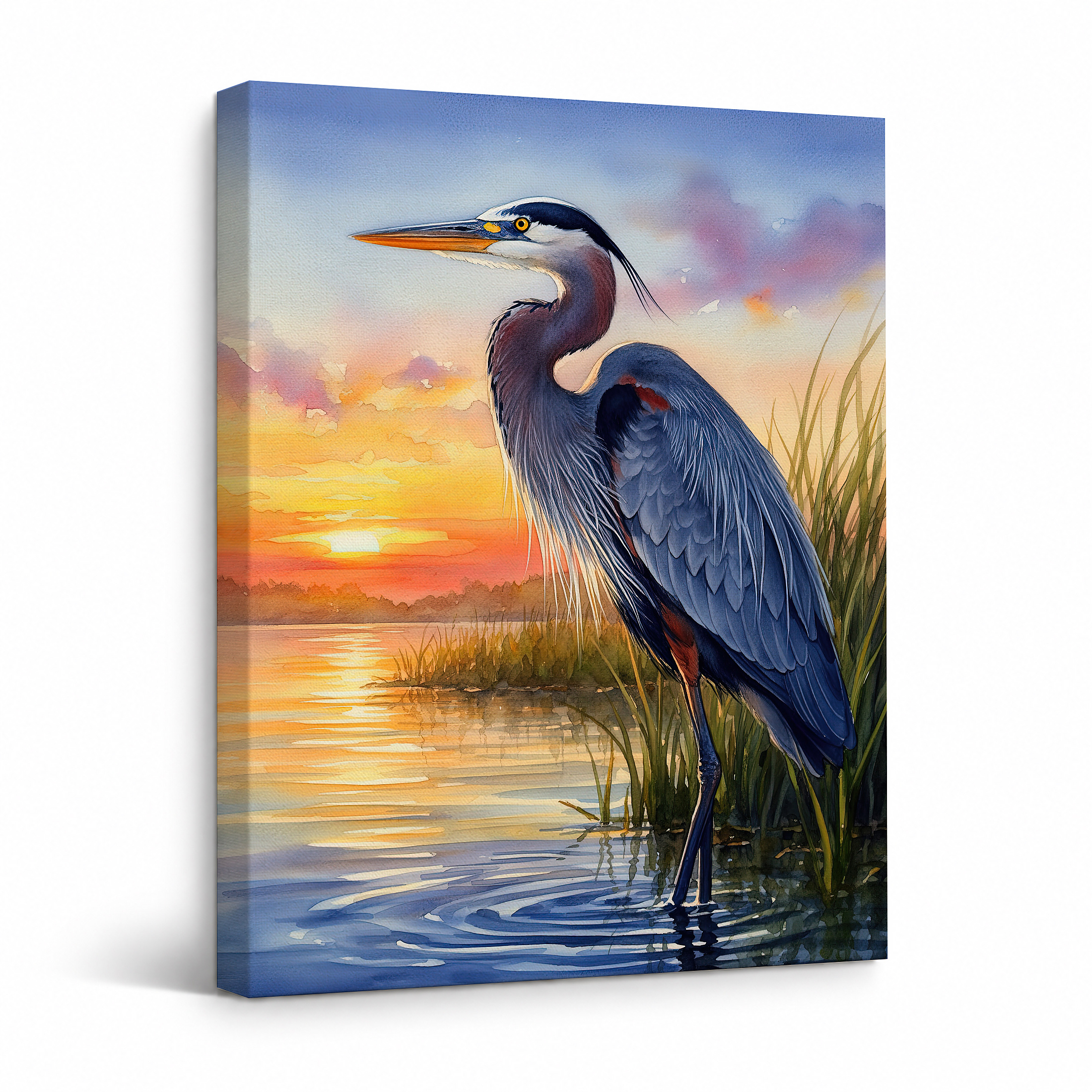 Sunset Heron Watercolor Framed Canvas Wall Art Ready to Hang
