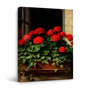 Red Geraniums Window Box Framed Canvas Wall Art - Ready to Hang