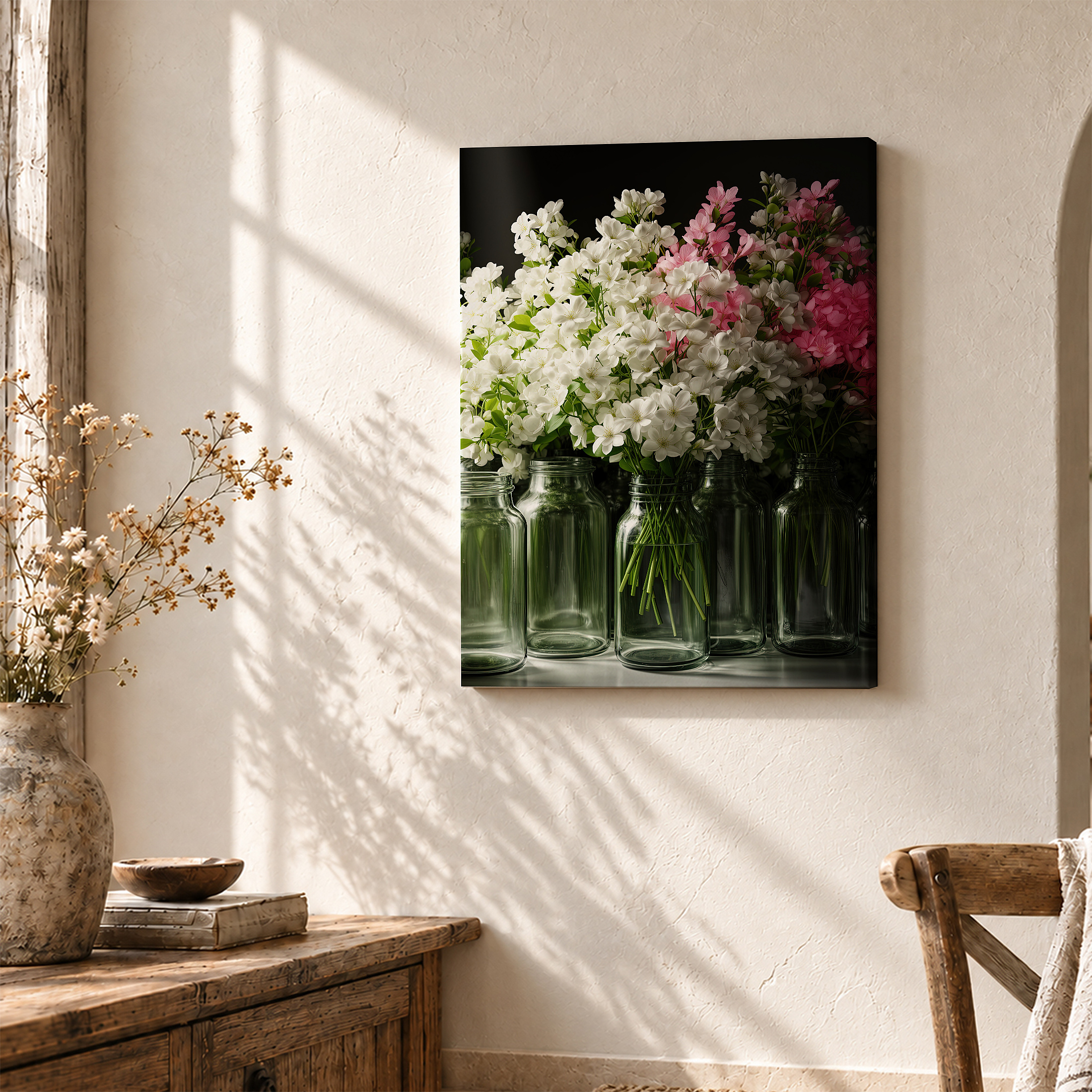 Framed Canvas Wall Art: Fresh Blossom Bouquet in Glass Jars - Image 3