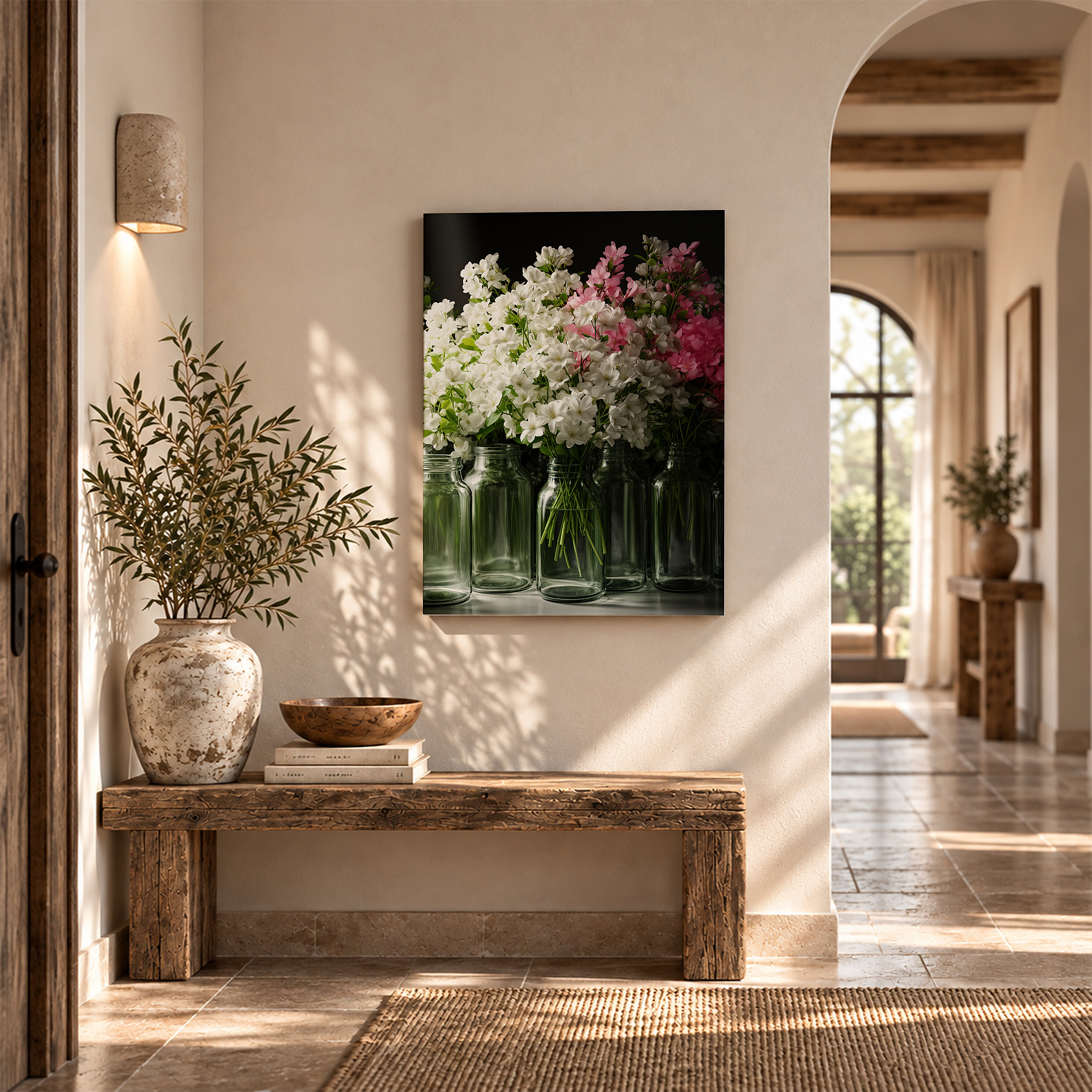 Framed Canvas Wall Art: Fresh Blossom Bouquet in Glass Jars - Image 6