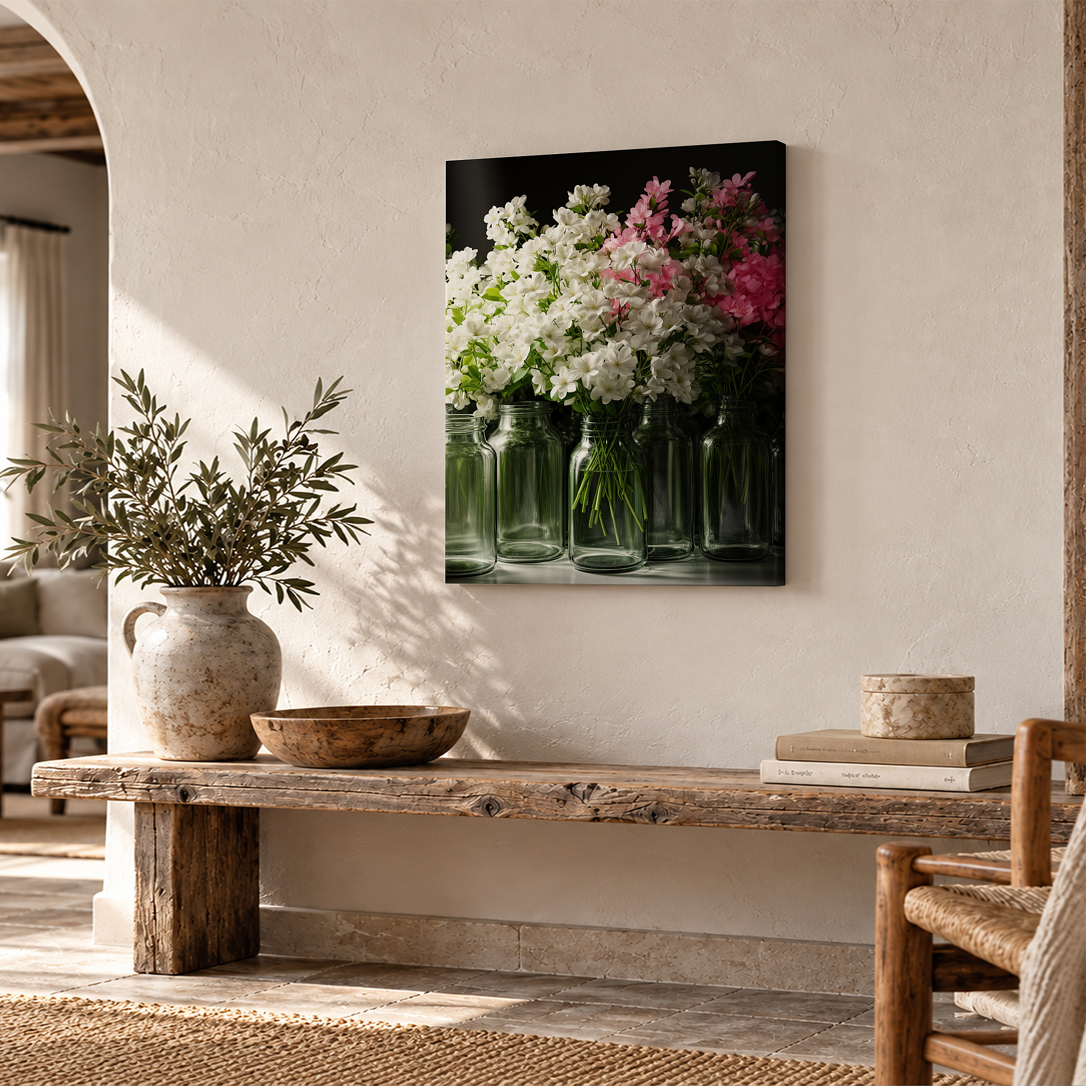 Framed Canvas Wall Art: Fresh Blossom Bouquet in Glass Jars - Image 2