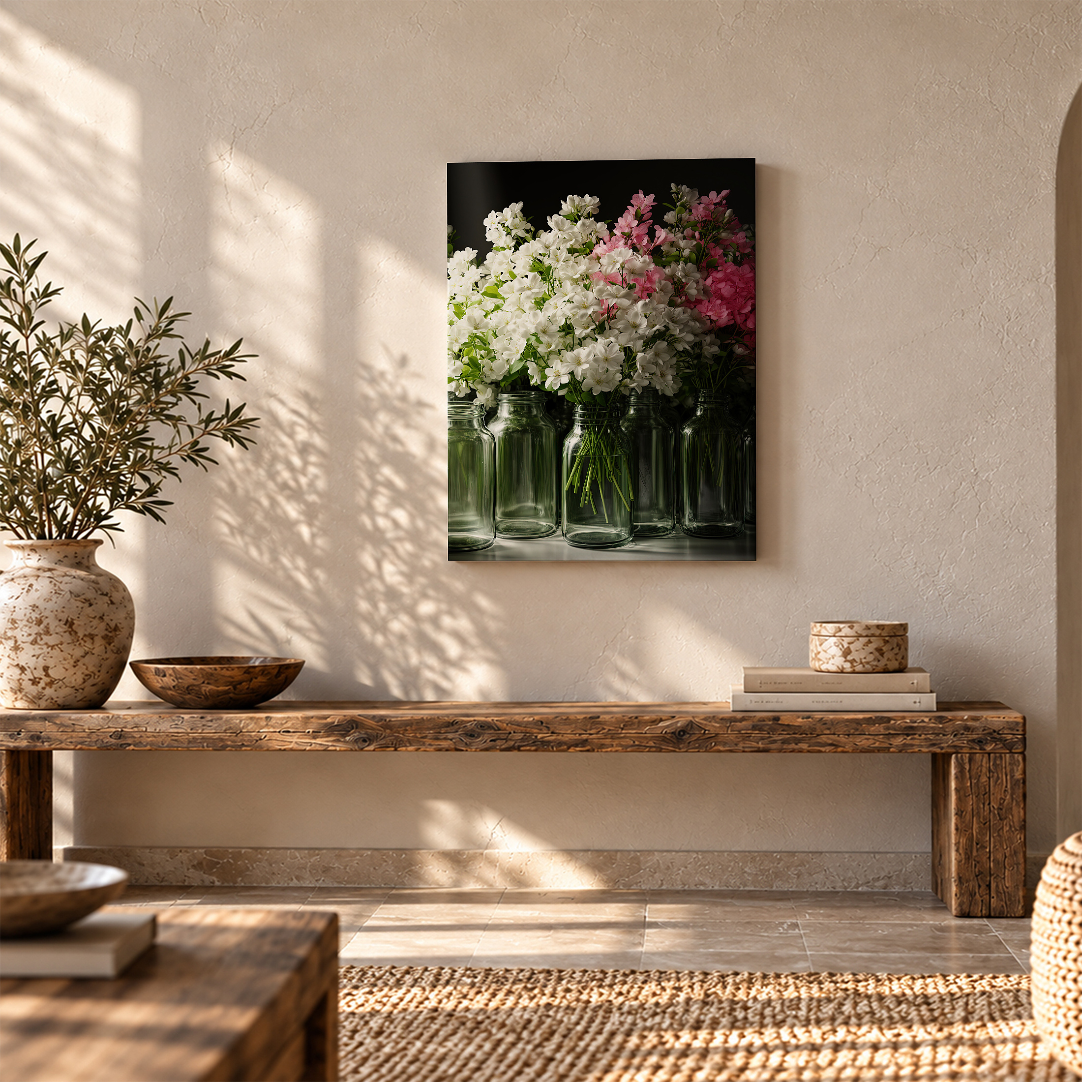 Framed Canvas Wall Art: Fresh Blossom Bouquet in Glass Jars - Image 5