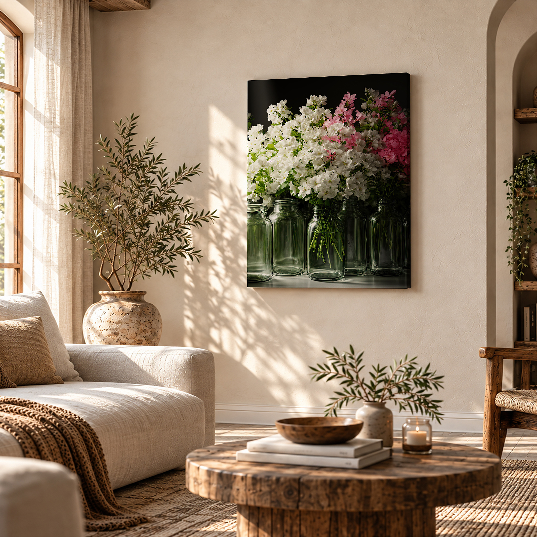 Framed Canvas Wall Art: Fresh Blossom Bouquet in Glass Jars - Image 4
