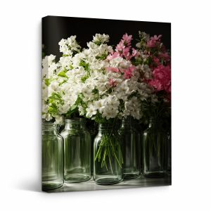 Framed Canvas Wall Art: Fresh Blossom Bouquet in Glass Jars