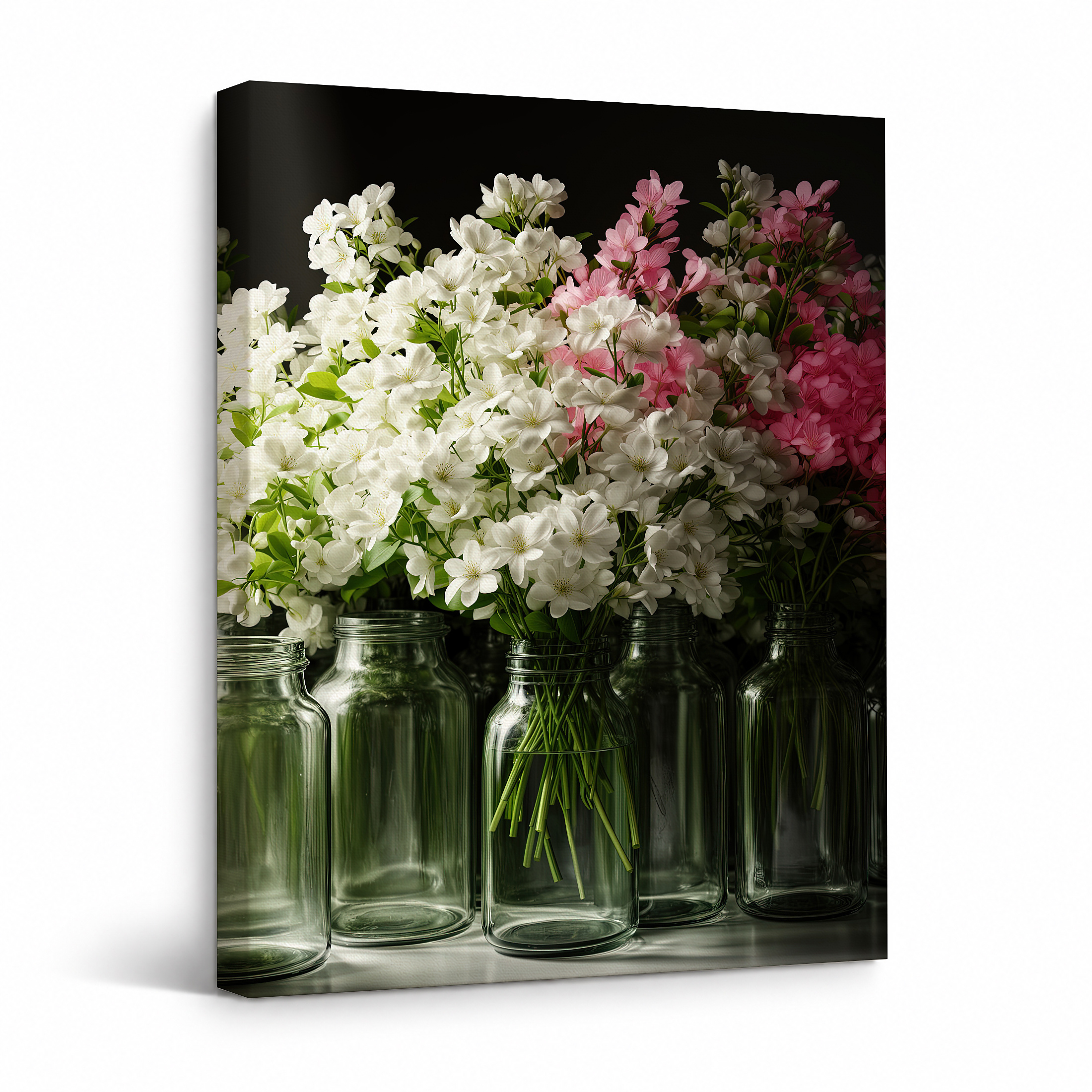 Framed Canvas Wall Art: Fresh Blossom Bouquet in Glass Jars