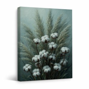 Cotton Field Botanical Framed Canvas Wall Art - Serene Teal Home Decor