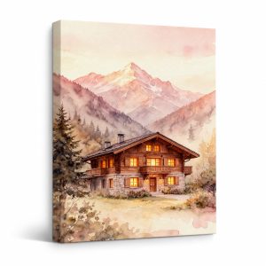 Alpine Chalet Mountain Sunset Watercolor Framed Canvas Wall Art