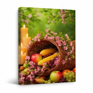 Spring Fruit Basket with Flowers Framed Canvas Wall Art - Ready to Hang