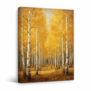 Golden Autumn Birch Forest Framed Canvas Wall Art - Ready to Hang