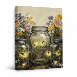 Firefly Mason Jar Garden Framed Canvas Wall Art - Ready to Hang