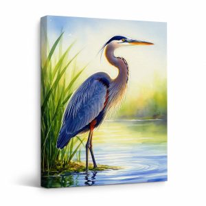 Great Blue Heron Watercolor Serenity Framed Canvas Wall Art