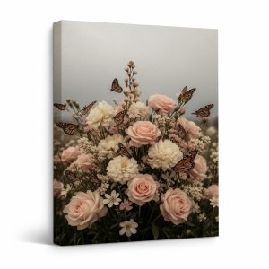 Pink Floral Bouquet & Monarch Butterflies Framed Canvas Wall Art