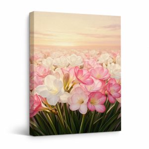 Pink & White Flower Field Sunset Framed Canvas Wall Art