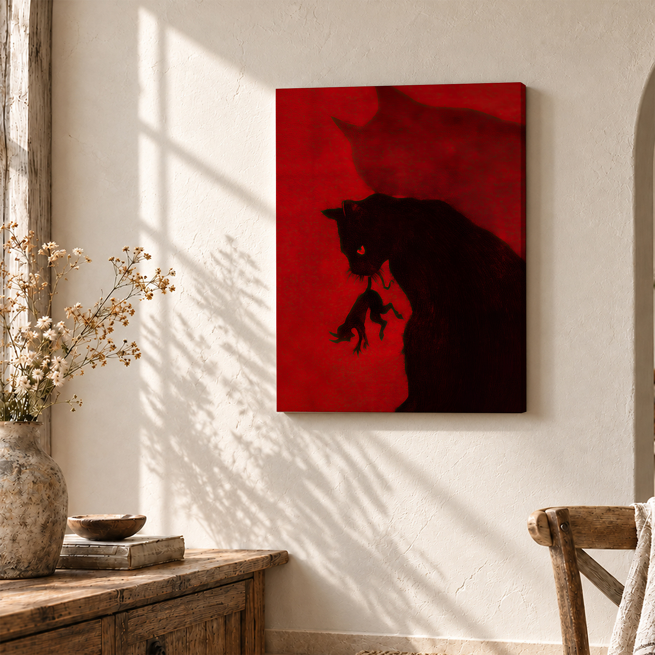 Black Cat Silhouette on Red Background Framed Canvas Wall Art - Image 3