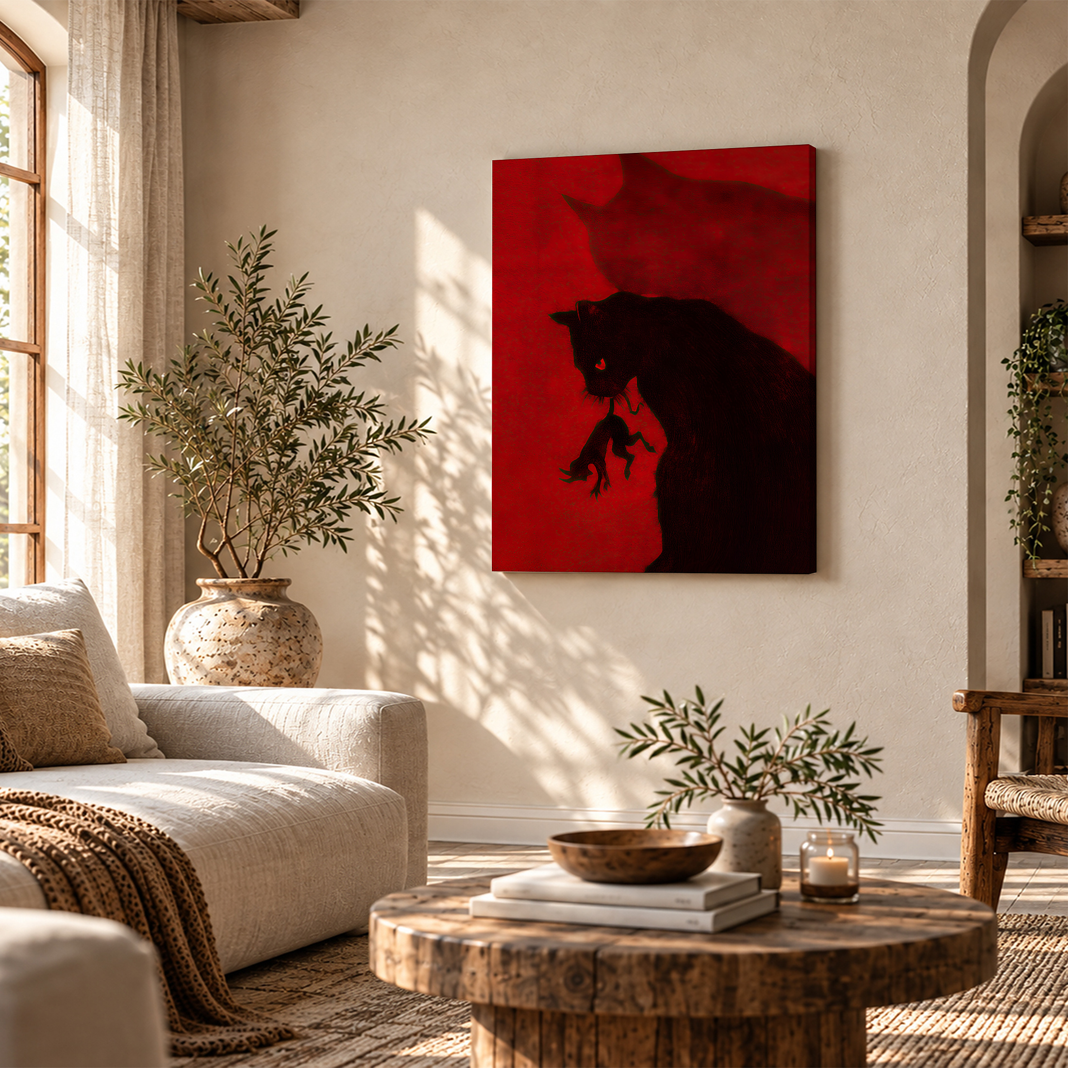 Black Cat Silhouette on Red Background Framed Canvas Wall Art - Image 4