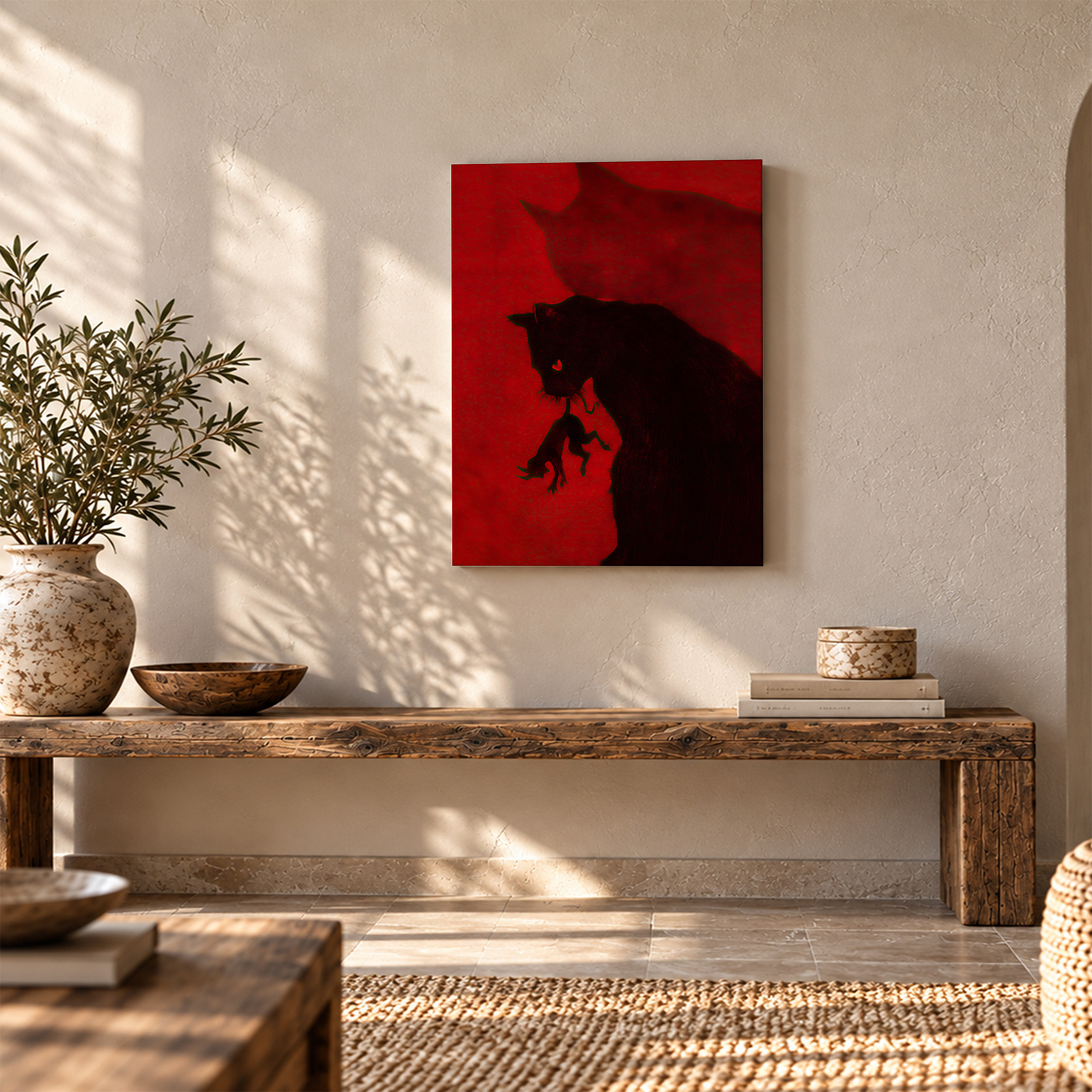 Black Cat Silhouette on Red Background Framed Canvas Wall Art - Image 5