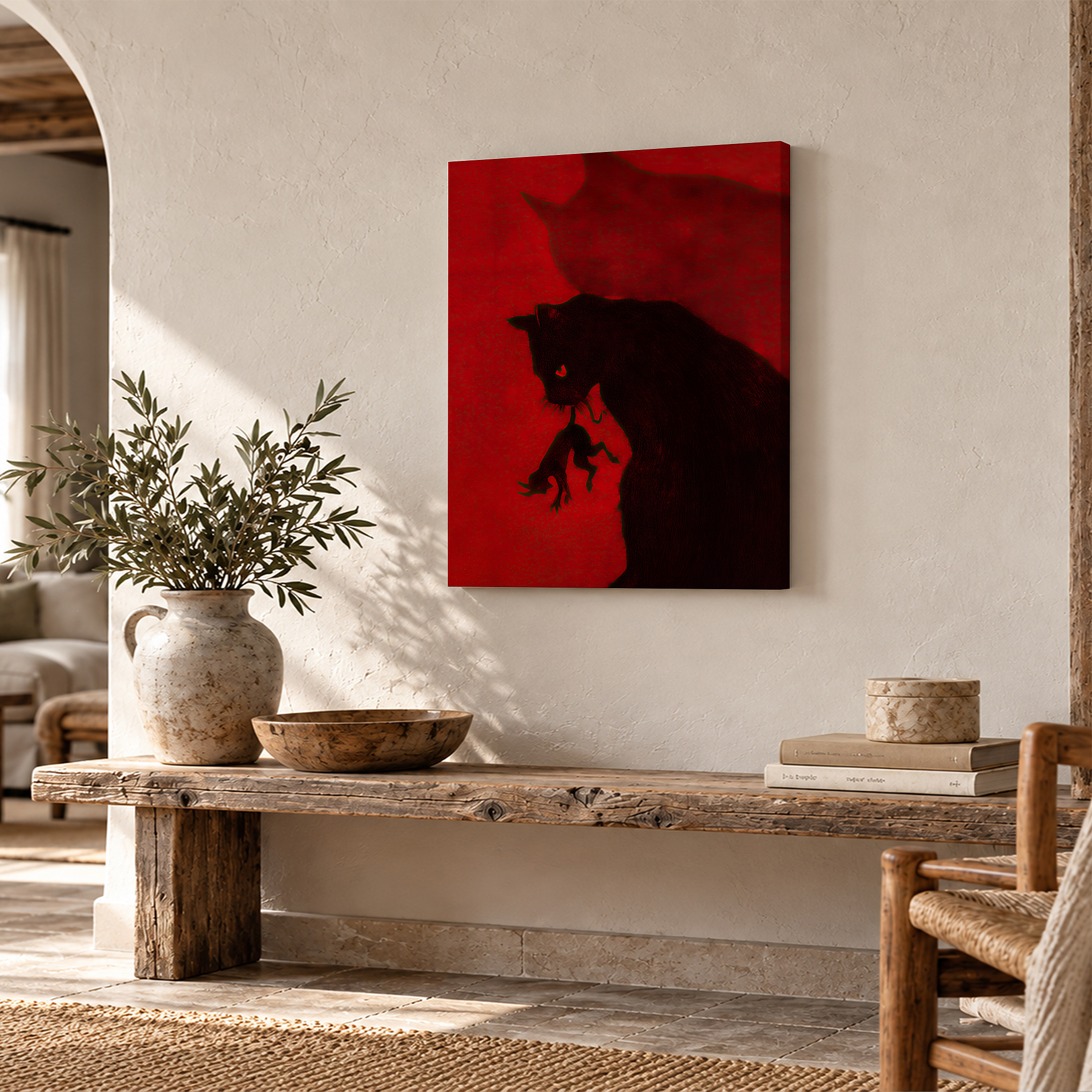 Black Cat Silhouette on Red Background Framed Canvas Wall Art - Image 2