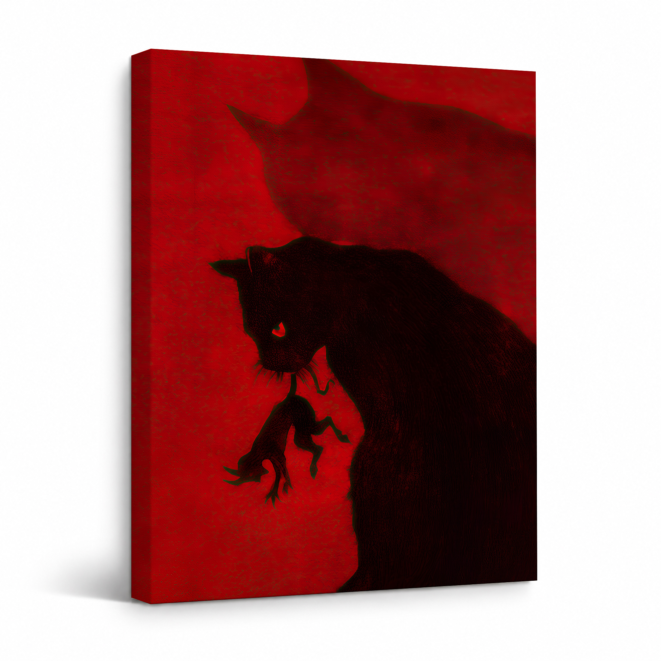Black Cat Silhouette on Red Background Framed Canvas Wall Art