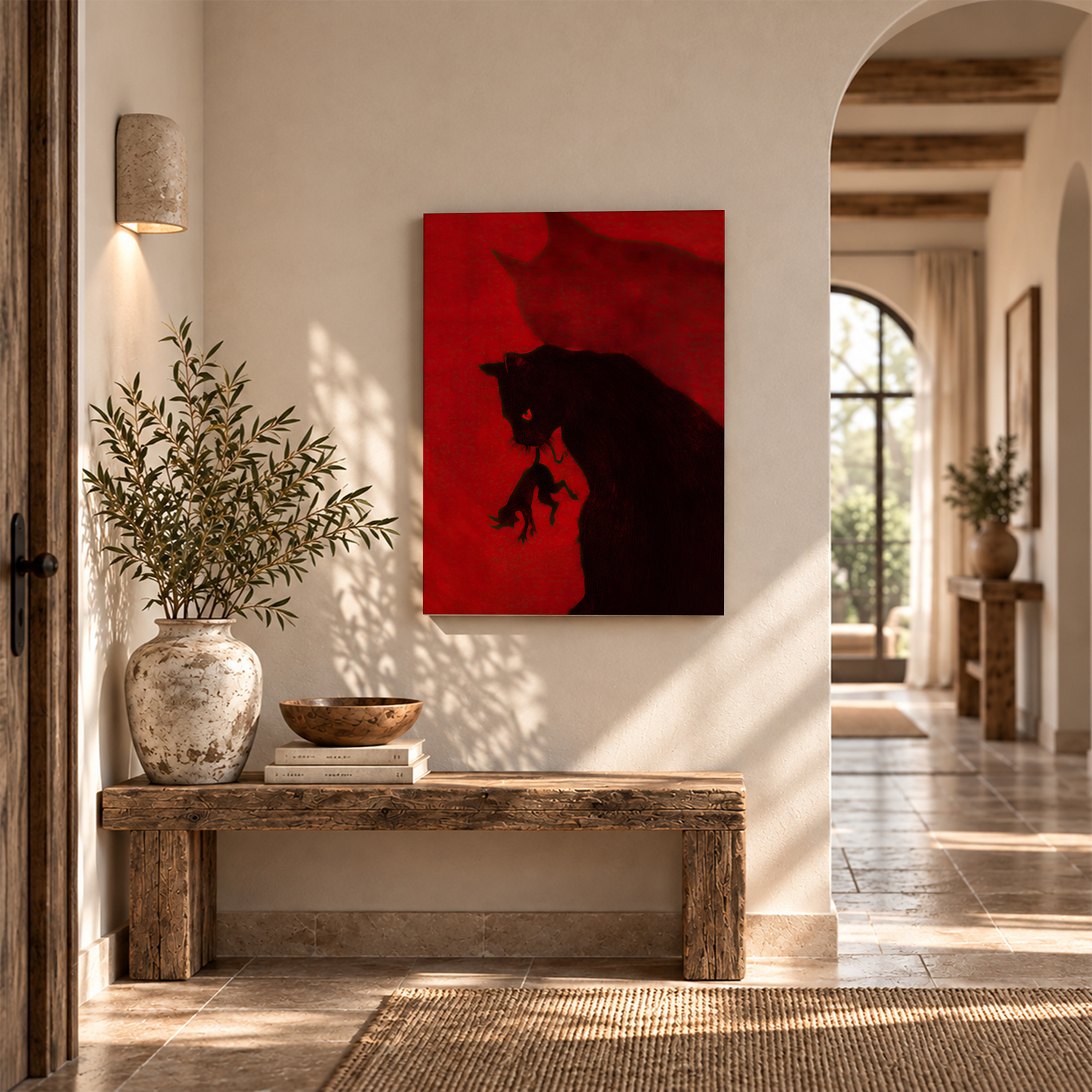 Black Cat Silhouette on Red Background Framed Canvas Wall Art - Image 6