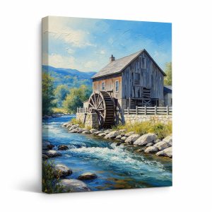 Rustic Water Mill Farm Scene Framed Canvas Wall Art