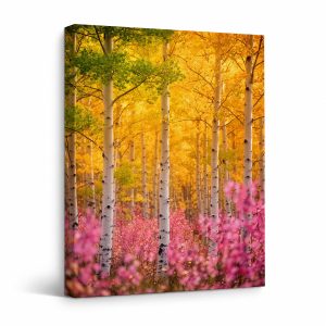 Golden Aspen Forest with Pink Wildflowers Framed Canvas Wall Art