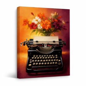 Vintage Typewriter & Floral Bouquet Framed Canvas Wall Art