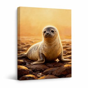 Golden Sunset Seal on Rocks Framed Canvas Wall Art - Ready to Hang