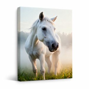 White Horse Sunrise Meadow Framed Canvas Wall Art - Ready to Hang