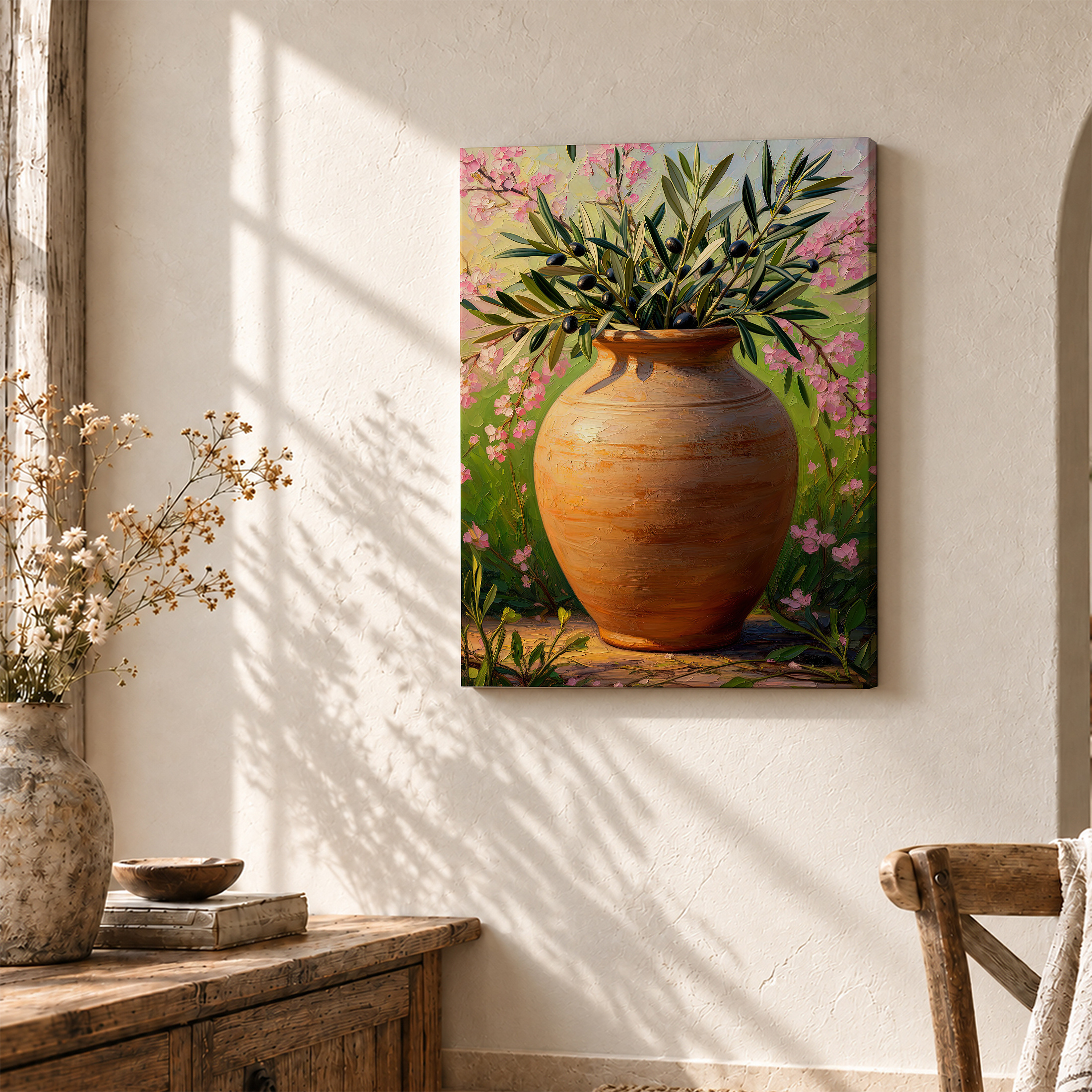 Olive Branches & Pink Blossoms Framed Canvas Wall Art - Ready to Hang - Image 3