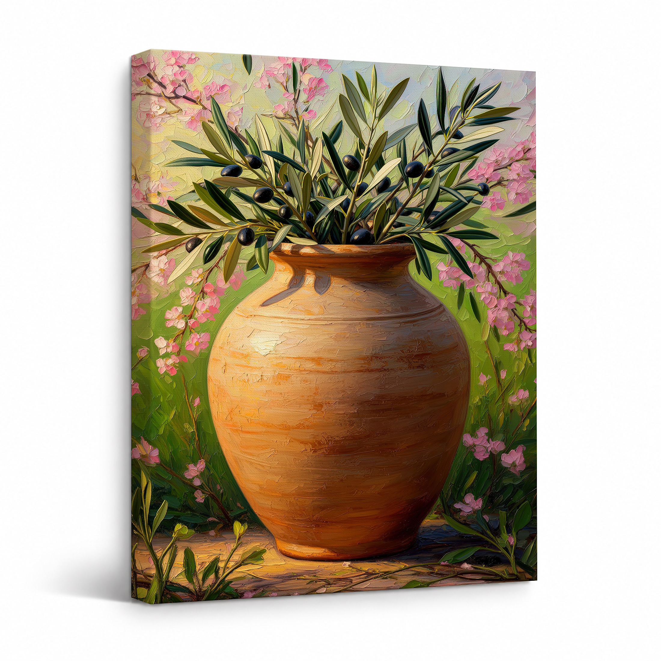 Olive Branches & Pink Blossoms Framed Canvas Wall Art - Ready to Hang