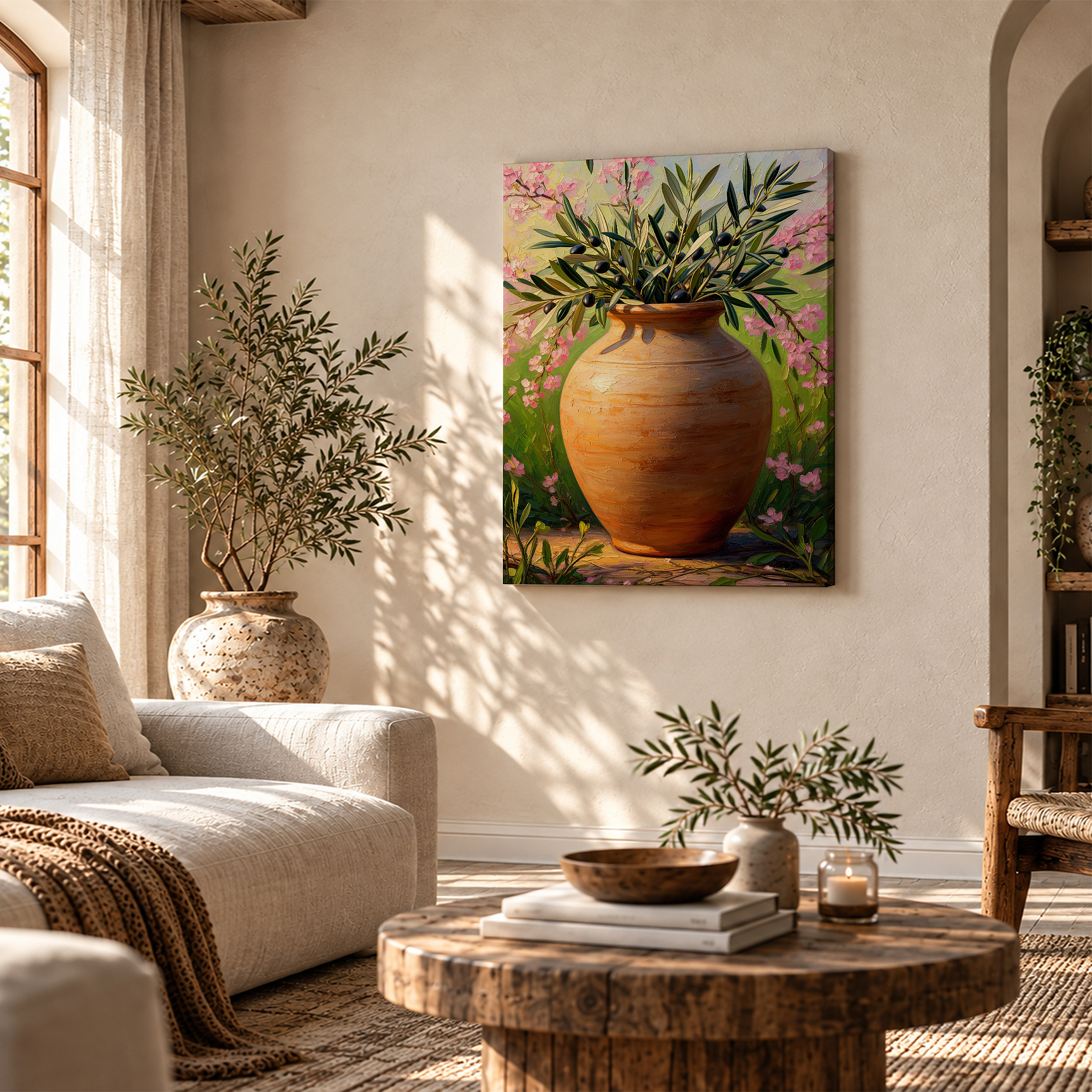Olive Branches & Pink Blossoms Framed Canvas Wall Art - Ready to Hang - Image 4