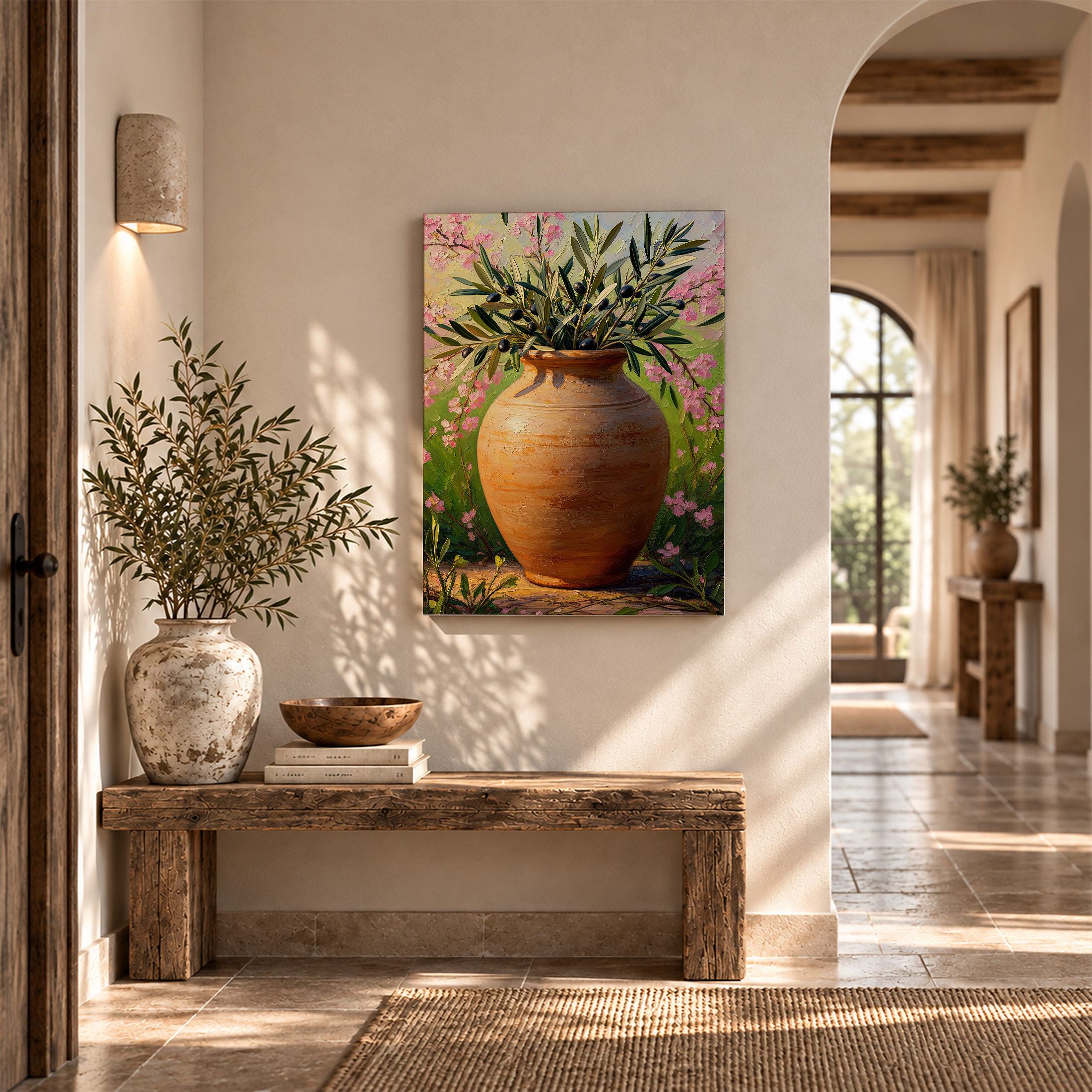 Olive Branches & Pink Blossoms Framed Canvas Wall Art - Ready to Hang - Image 6