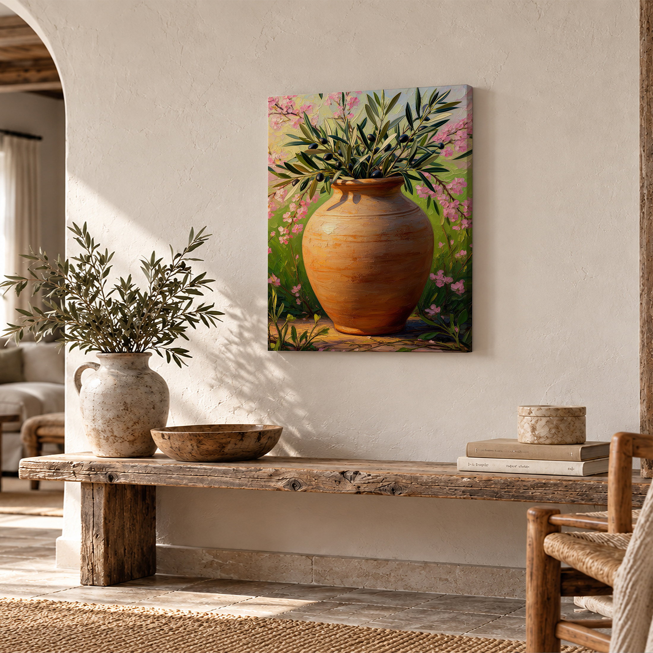 Olive Branches & Pink Blossoms Framed Canvas Wall Art - Ready to Hang - Image 2