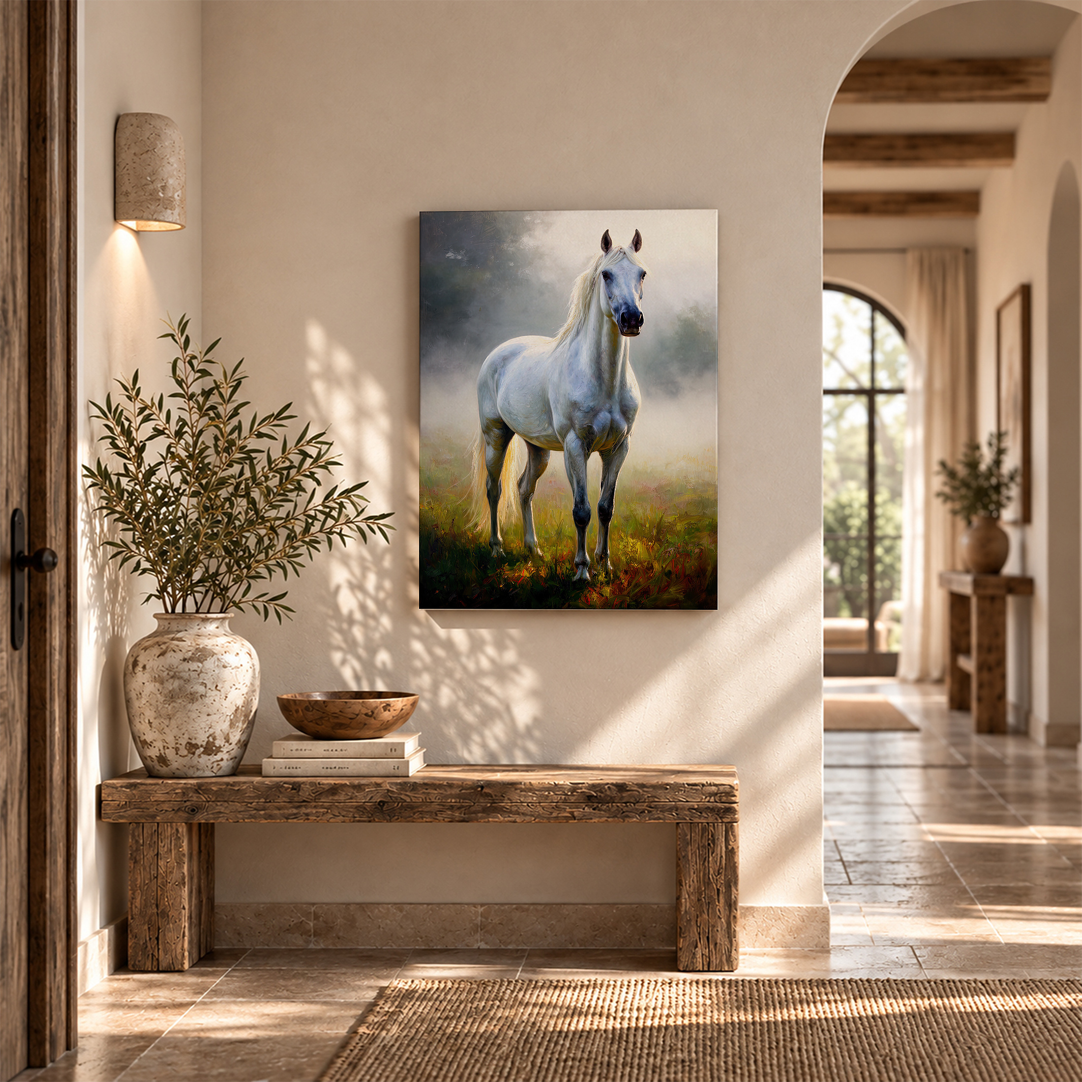 Serene White Horse Misty Meadow Framed Canvas Wall Art | Ready to Hang - Image 6