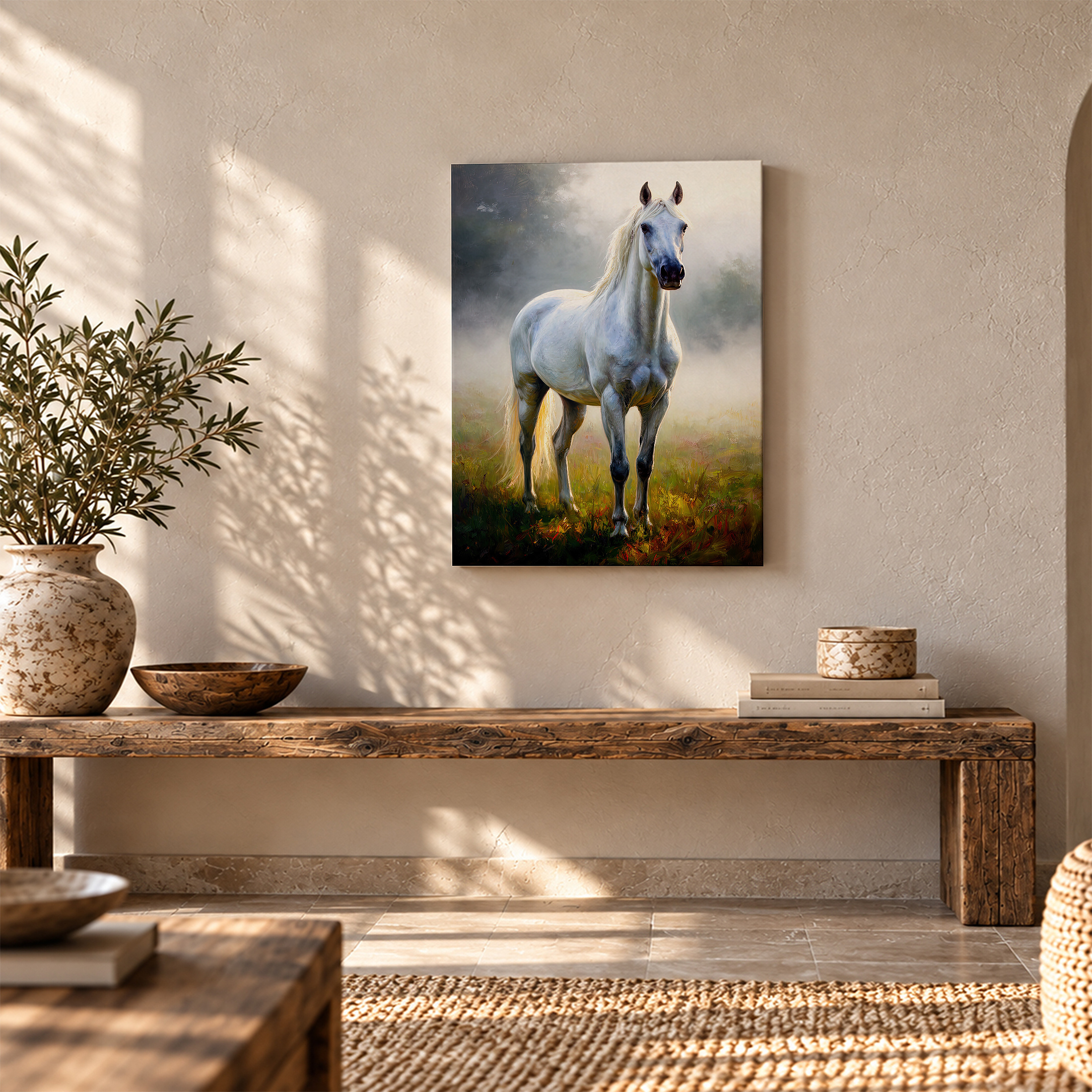 Serene White Horse Misty Meadow Framed Canvas Wall Art | Ready to Hang - Image 5