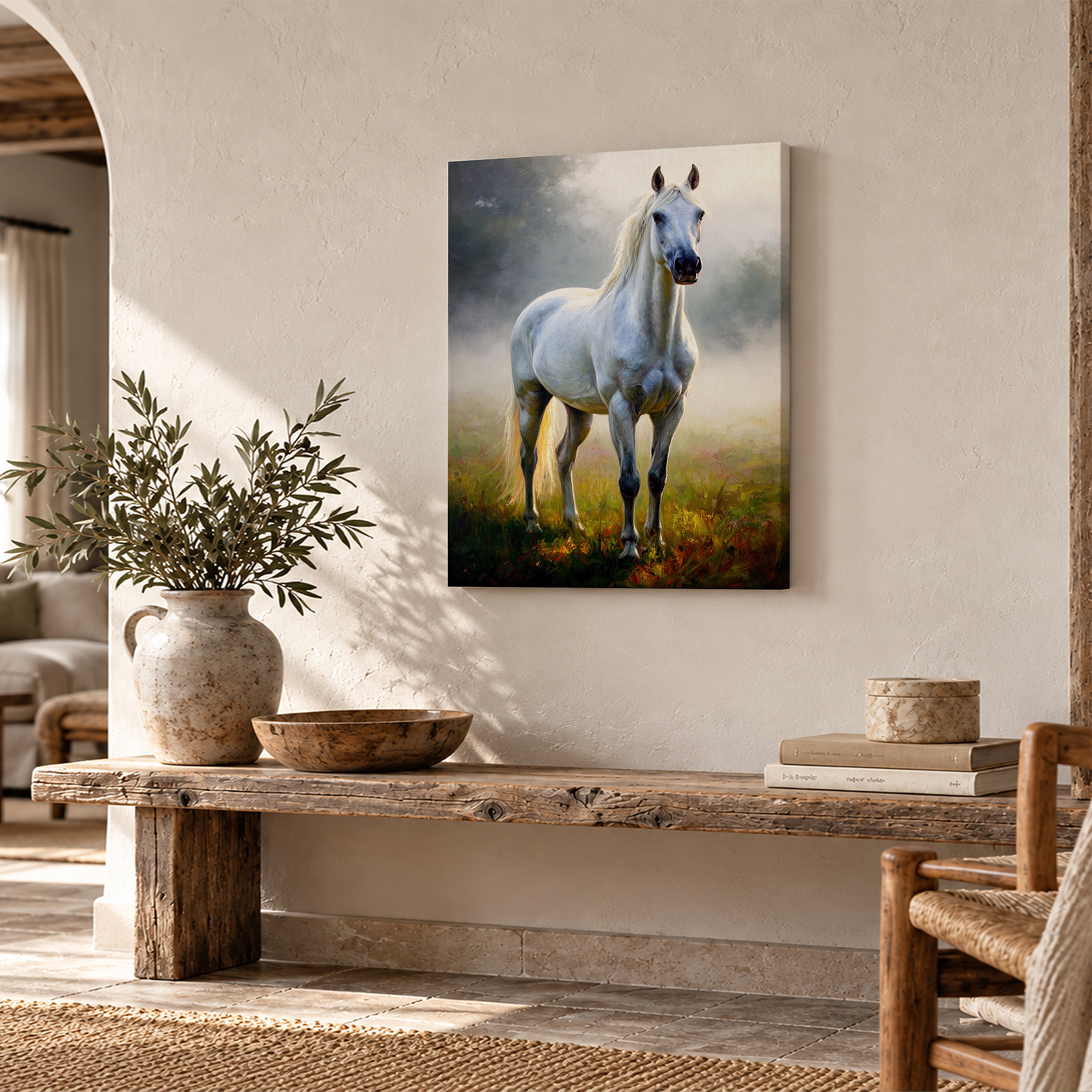 Serene White Horse Misty Meadow Framed Canvas Wall Art | Ready to Hang - Image 2