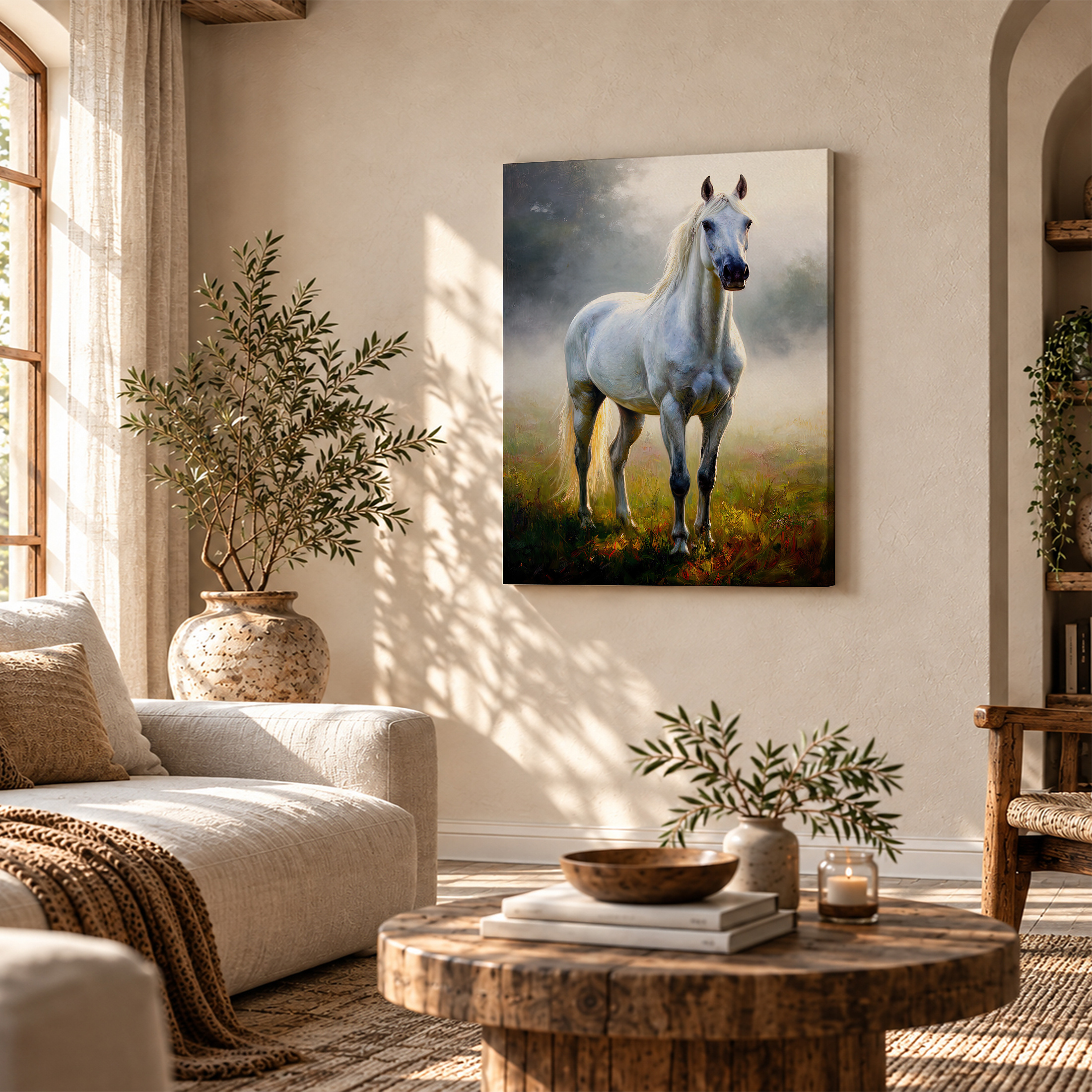 Serene White Horse Misty Meadow Framed Canvas Wall Art | Ready to Hang - Image 4