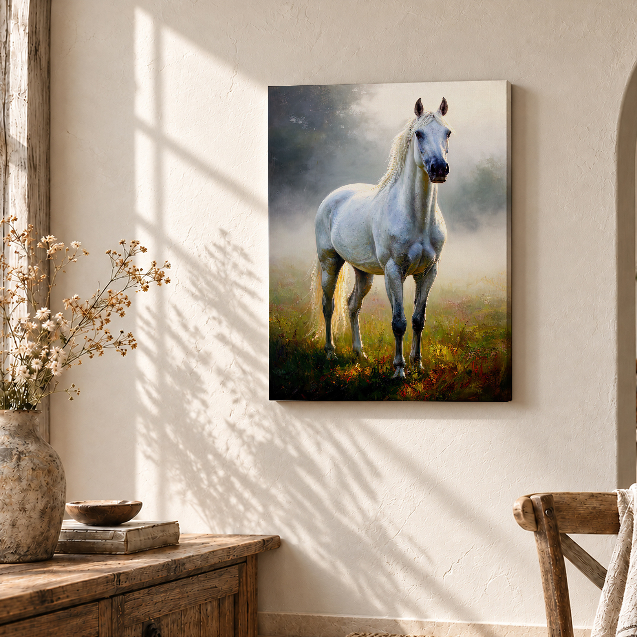 Serene White Horse Misty Meadow Framed Canvas Wall Art | Ready to Hang - Image 3